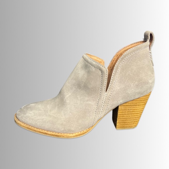 Jeffrey Campbell Rosalee Gray Suede Stacked Wood Heeled Booties, Size 7.5 - Picture 3 of 8